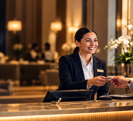 Hotel front desk interaction illustrating financial control and revenue assurance in hotels